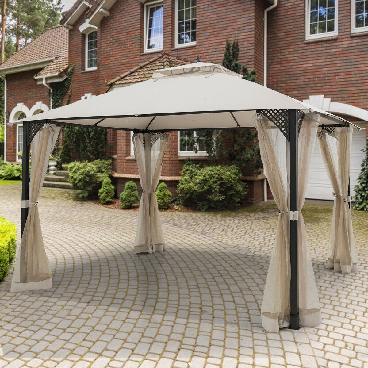 12 x 10 Feet Outdoor Double Top Patio Gazebo with Netting-Brown